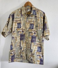 Pierre Cardin Cotton Hawaiian Aloha Geometric and Fish Print Shirt Size Medium