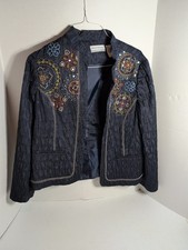 Alfred Dunner Blazer Open Front Jacket Embroidered Dark Blue, Womens 14 Petite