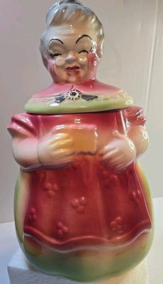 American Bisque 1940s Louise Bauer Cookie Jar Granny Lady in Apron with Sponge