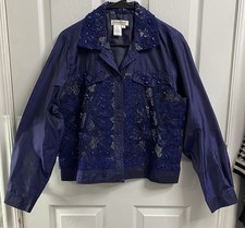 Coldwater Creek Women 63 Silk Blue Embroidered Button Up Beaded Blazer Sz.M