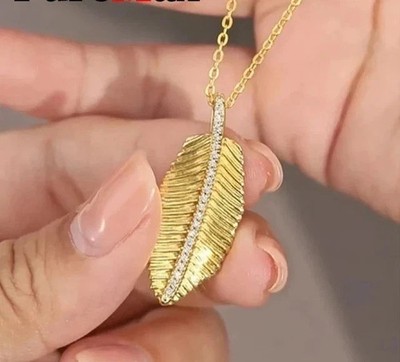 Women Leaf  CharmPendant 0.10Ct Round Lab Created Diamond 14K Yellow Gold Plated