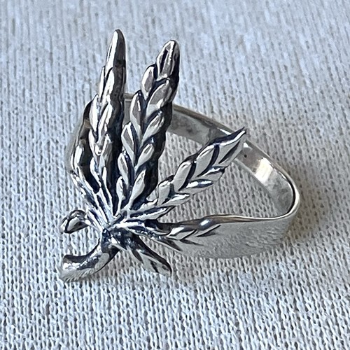 Vintage Sterling Silver 925 Ring Organic Shaped Hemp Leaf Size T Bohemian Nature - Picture 6 of 11