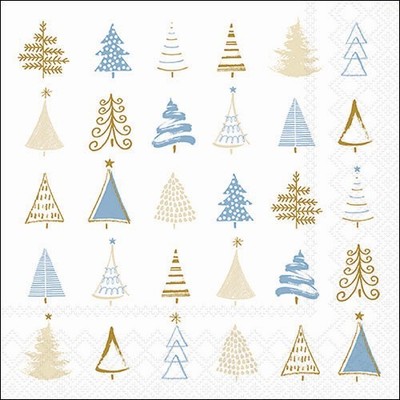 20 Servietten Christmas Tree Doodles blue - Moderne Baumformen blau-gold  33x33c