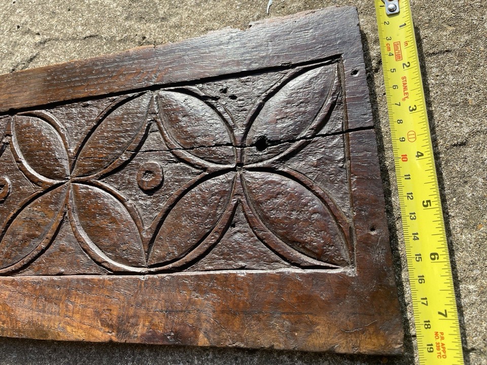 17th c Antique Original oak Carved Wood Panel, Brown Geometric Floral ...