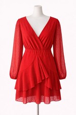 boohoo Red Polka Dot Ruffle Layered Wrap Dress V-Neck Balloon Sleeve Tie US 18