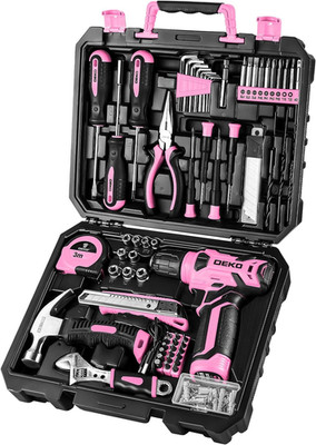 Drill Set, Home Tool Set with 8V Pink Cordless Drill, Hand Tool Kit for Women, 1