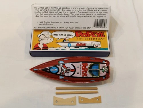 POPEYE TIN WIND UP TOY SPEEDBOAT VINTAGE - 1999 SCHYLLING - NEW COMPLETE SET (A)