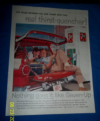Wonderful 1958 Magazine Ad for 7Up fea Back of Station Wagon and Vending Machine