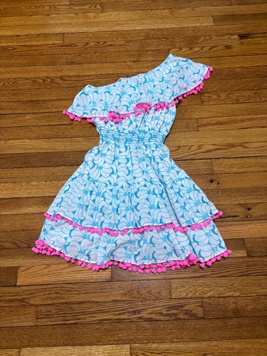 Lilly Pulitzer Womens Dres Size XS Blue Pink One Shoulder Pom Pom Cotton Preppy - Picture 7 of 7