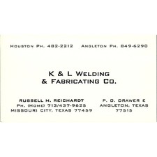 Tarjeta K&L Welding & Fabricating Russell Reichardt Missouri City Angleton SC9-B12