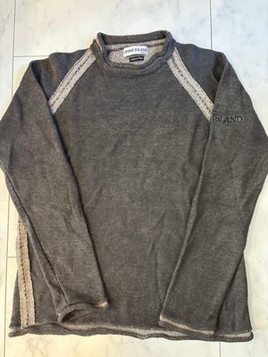 Stone Island Gray Linen Blend Knit Sweater Vintage Embroidered Logo Used