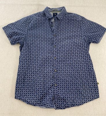D&F Button Up Shirt Mens 38 Blue Geometric Pattern Short Sleeve Slim Fit Casual
