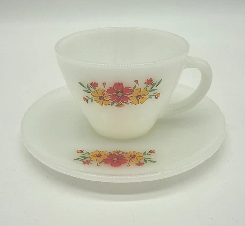 VTG Fire King Milk Glass Cup And Saucer Yellow Orange Flower Anchor Hocking