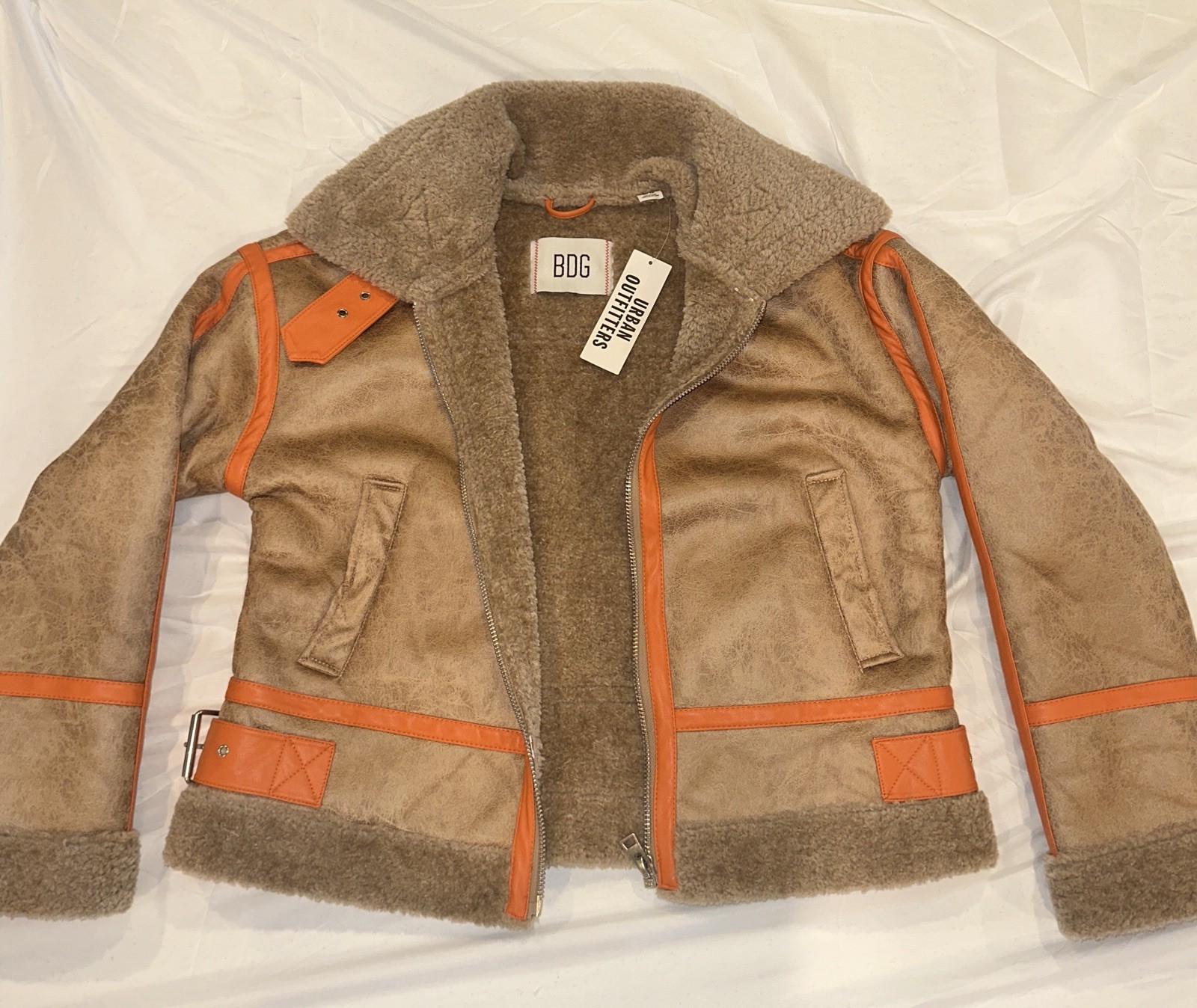 BDG Medium Faux Shearling Jacket with Orange Trim and Buckle Closure