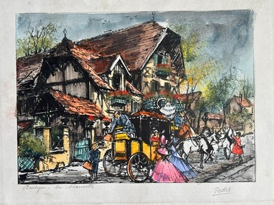 EUGENE LOUIS VEDER Barbizon Les Charmettes Hand Colored Etching Signed French