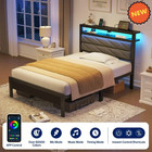 Twin Size Bed Frame Dark Gray LED Headboard Toddler Kid Bedroom Cama Para Niños