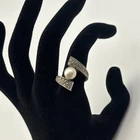 Vintage 925 Sterling Silver Pearl Gunmetal And Marcasite Ring - Size 6