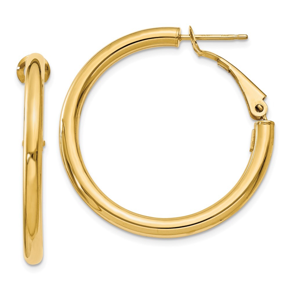 14K Yellow Gold 3x25mm Polished Round Omega Back Hoop Earrings L-32.5 mm