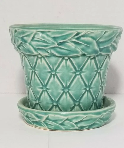 Vintage Green Teal McCoy Pottery Flower Pot Diamond Quilt 3.5" Tall Planter