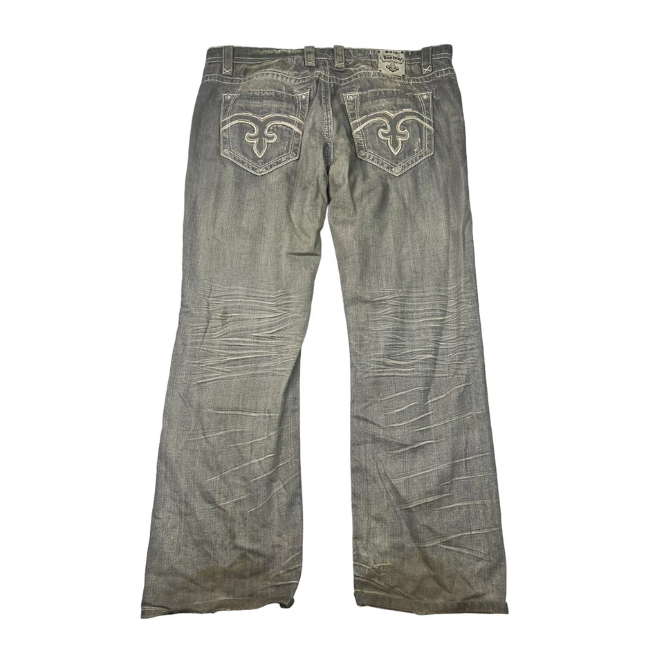 Pantalones de mezclilla Rock Revival Nathan desgastados pierna recta Y2K bolsillos flor grises 40x33 Foto 2 de 4