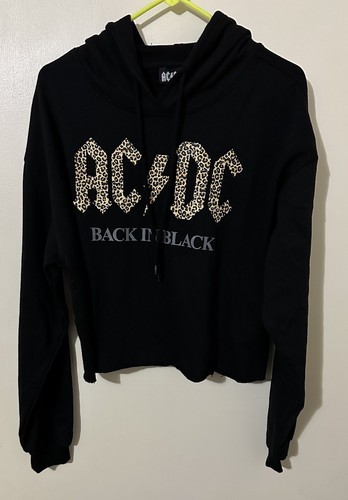 AC/DC Back In Black Hoodie Women Size Large Color Black With Leopard Print New