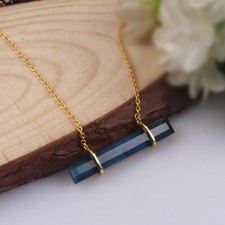 18k Gold Plated Rectangular Bar Pendent Necklace Blue Corundum For Women's Gift