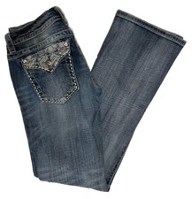 Miss Me Boot Cut Low Rise Jeans Medium Wash Flap Pocket Embroidered 28 x 33