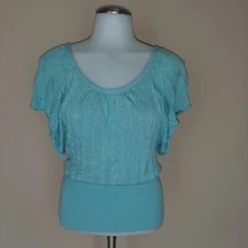 Twenty One Women Top Blouse Light Blue Knit Flutter Sleeve Open Weave Tie Back
