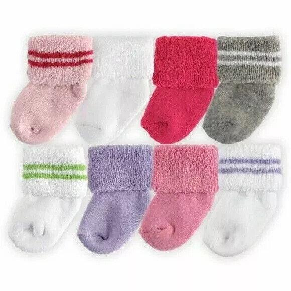 LUVABLE FRIENDS 8 PACK BABY GIRL'S TERRY SOCKS 0-6 MONTHS, M