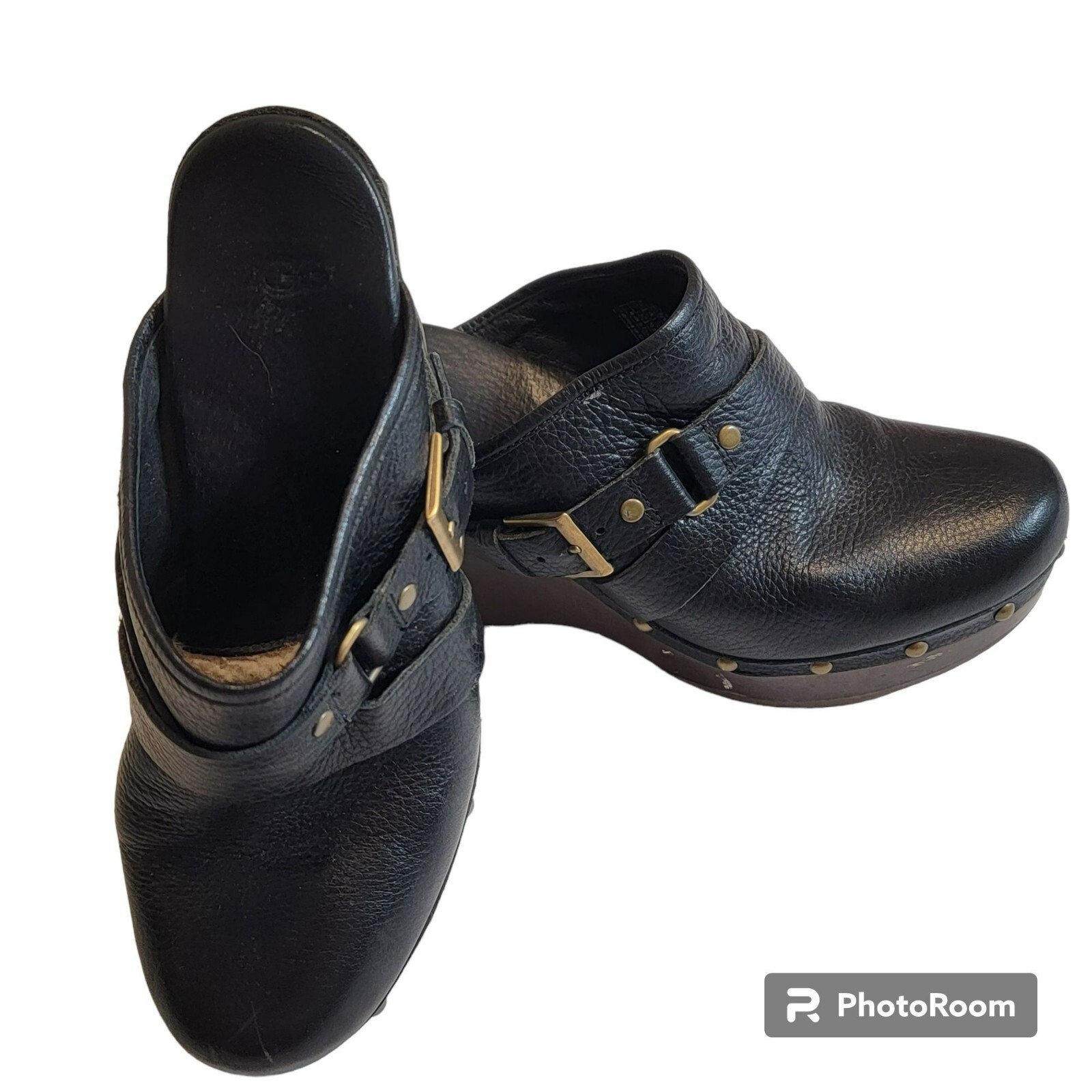 Women's Ugg Natalee Black Leather Clogs with Brass Buckle Studs 4-Inch Wedge Heel Size 7-image