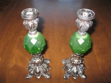 Two (2) Brass CANDLE HOLDERS with green inserts. - Free Shipping