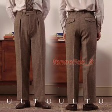Mens Retro Herringbone Tweed Pant Wool Dress Pant Casual Stright Trousers Custom