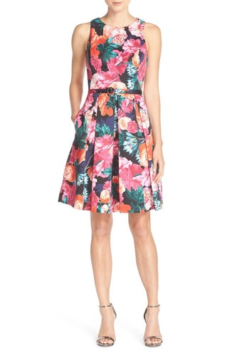 New Eliza J Belted Floral Print Faille 