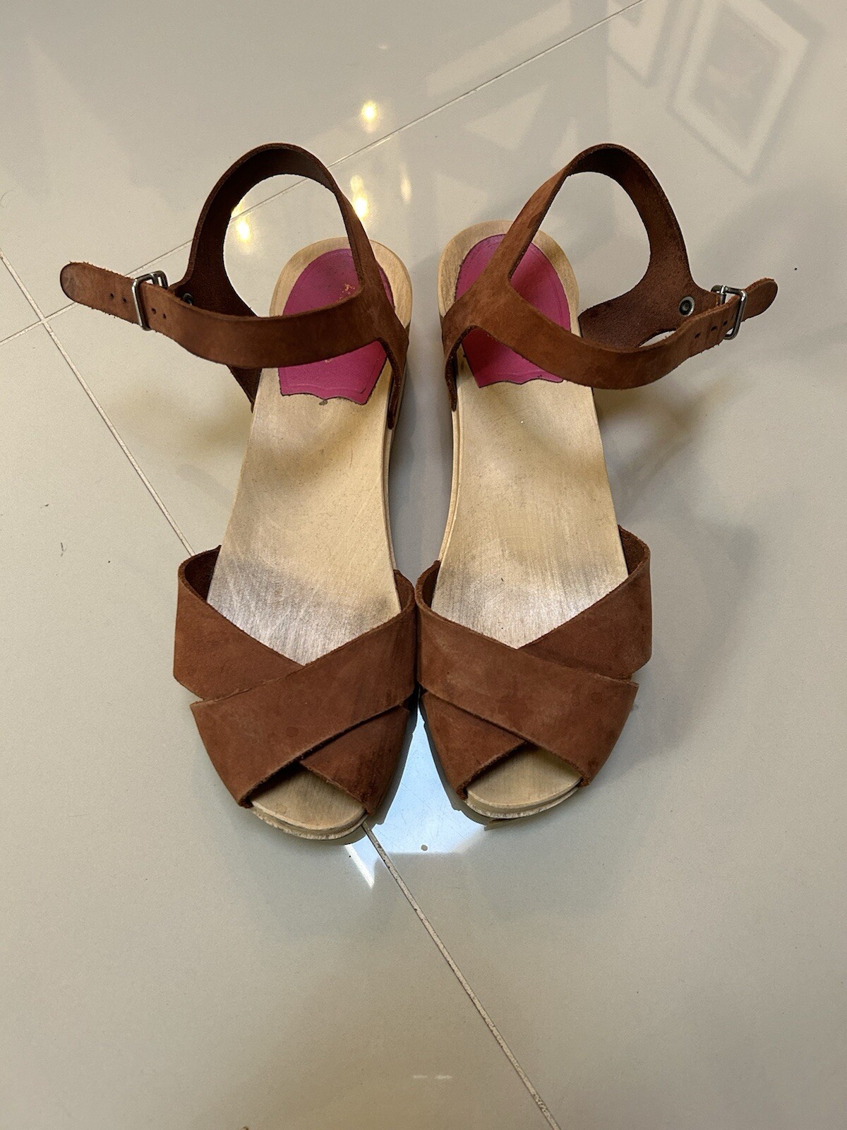 Swedish Hasbeens Suzanne Debutant leather sandals peep toe low EU 37