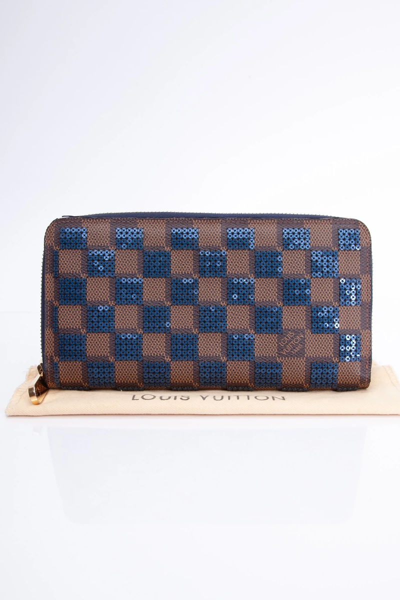 LOUIS VUITTON Paillettes Blue Sequin Damier Ebene Zippy LOUIS VUITTON Paillettes Blue Sequin Damier Ebene Zippy
