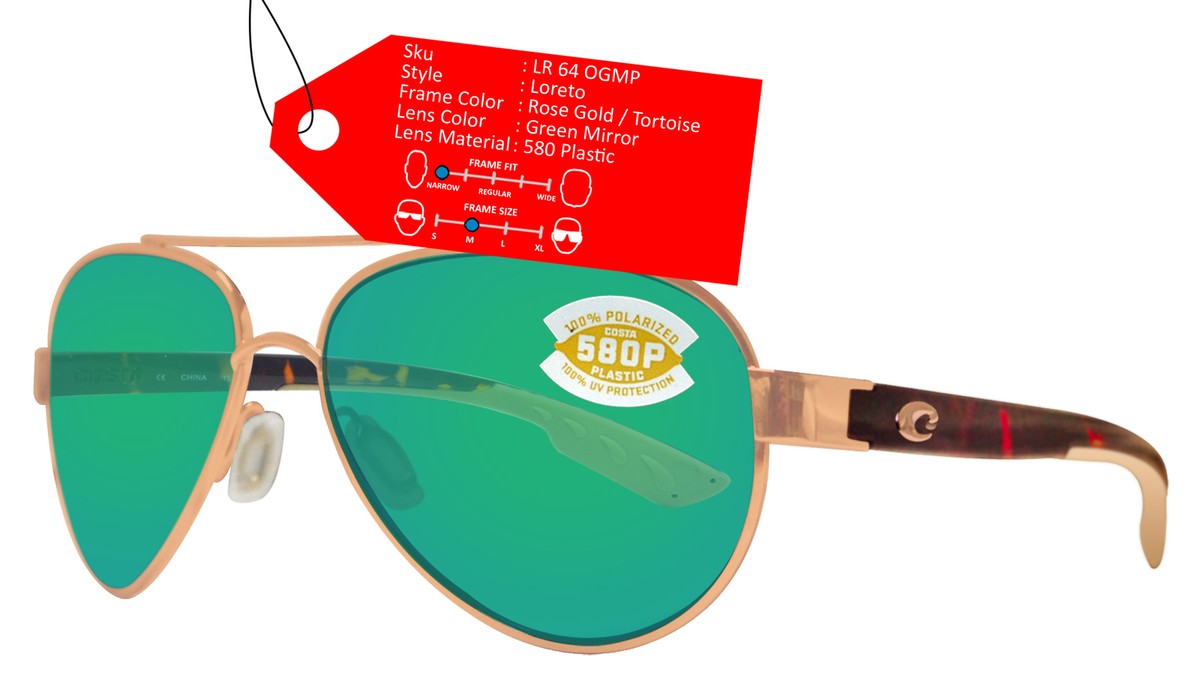 Costa Del Mar Loreto Rose Gold Tortoise Green Mirror 580P Plastic