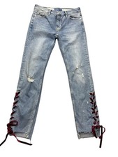Pilcro Slim Straight Jeans Womens 25 Blue Distressed Denim Lace Up Velvet Trim