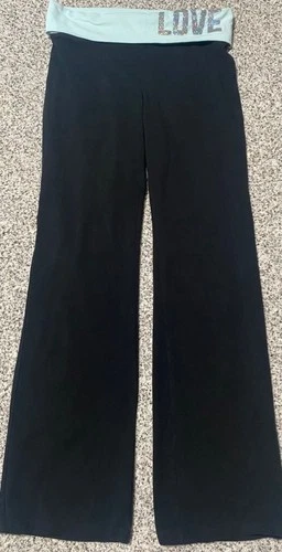 Victorias Secret Pink LOVE  Yoga Pants Women Foldover Flare Leg Y2K Large Black