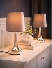 Set of 2 Modern Chrome Table Lamps with White Drum Shades Touch Switch