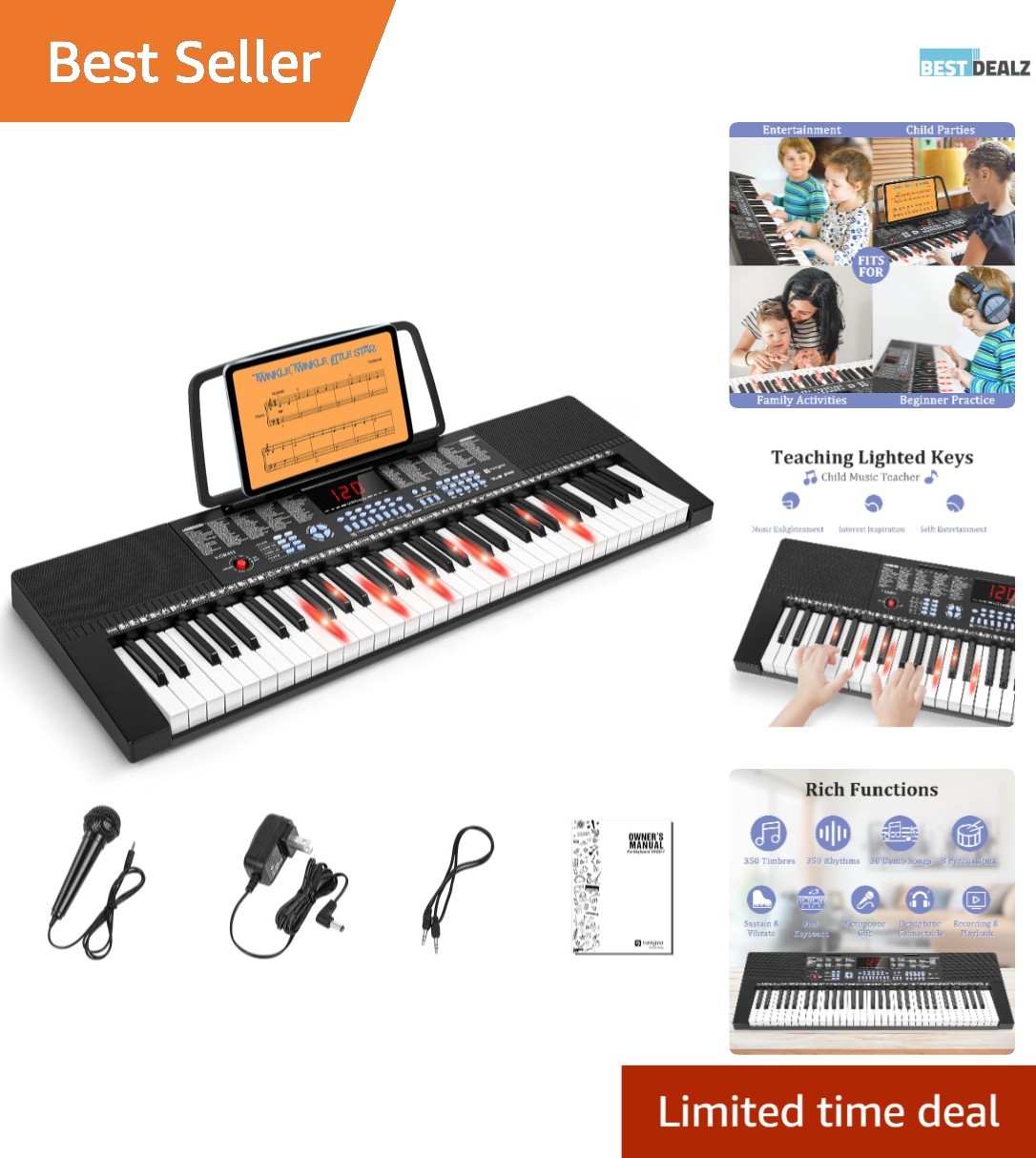 Black 61-Key Light-Up Piano Keyboard with Teaching Modes & Recording Function