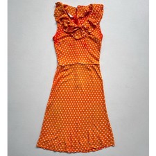 Vtg 70s Orange Polka Dot Sleeveless Ruffle Dress XS/S Coquette Petite Retro