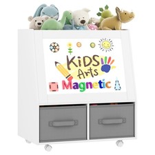 3-in-1 Wooden Toy Storage Organizer with Wheels, 2-Sided Montessori Shelf wit...