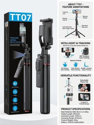360° Smart AI Tracking Gimbal Selfie Stick Wireless Remote Extendable Phone Trip