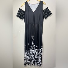 Black and White Floral Cold Shoulder Maxi Dress