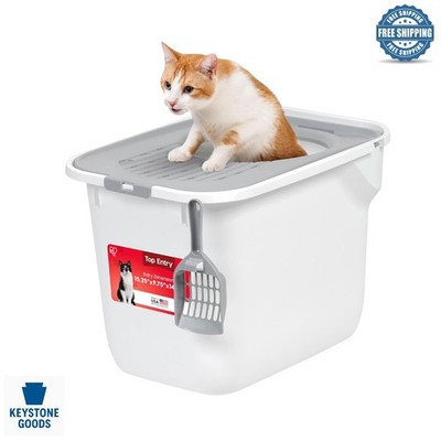 Top Entry Cat Litter Box with Lid & Scoop - Enclosed, Odor Control, Dog Proof...