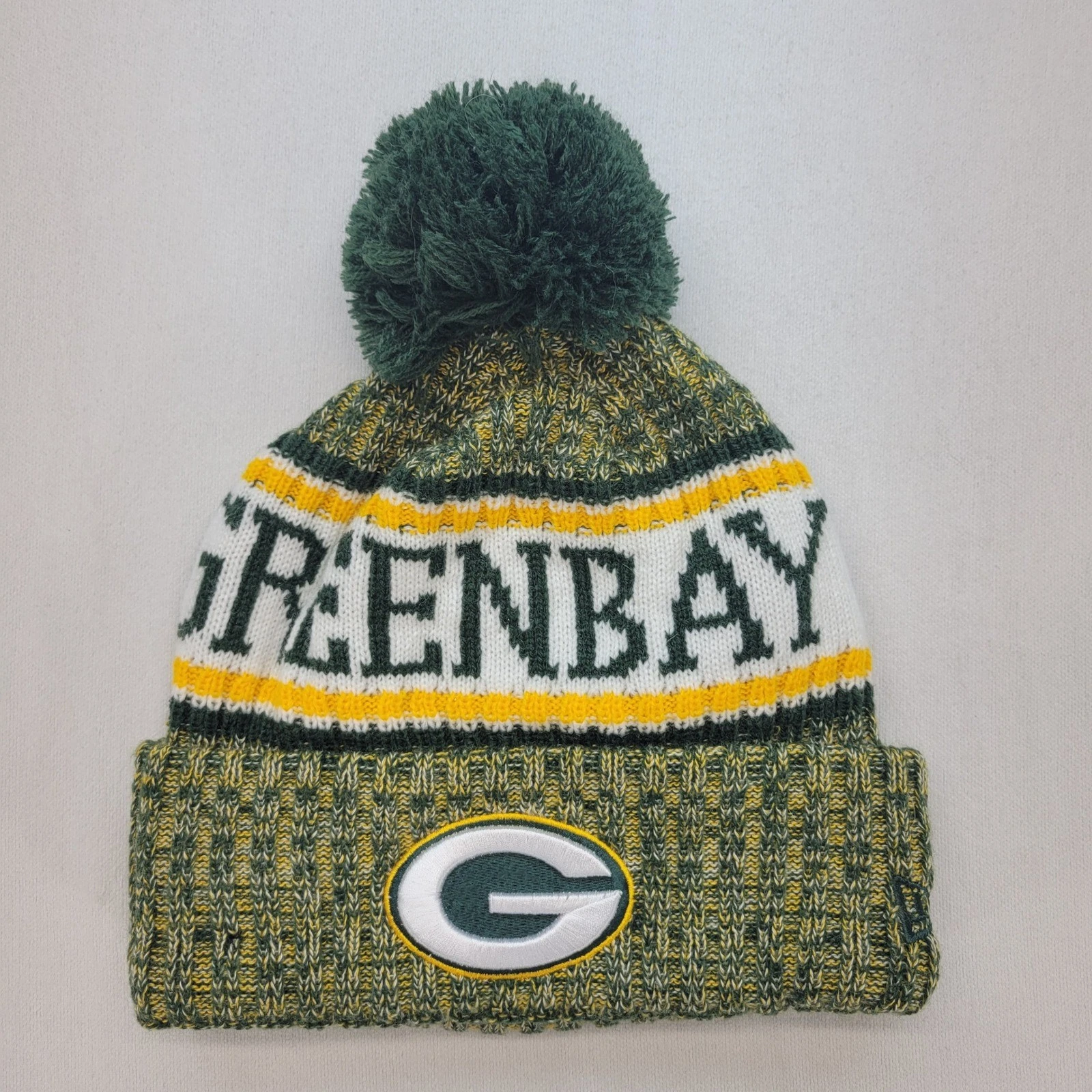New Era Beanie Hat Mens OSFM Green Gold Packers NFL Pom Fleece Lined Knit