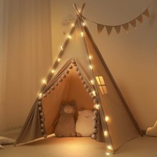 Kids Teepee Tent with Lights Large Pompoms  Carry Bag, Machine Khaki fur Ball