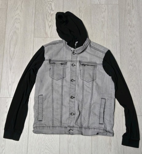 XXX Rude Denim Jacket Mens M Gray and Black Button Up Hooded Long Sleeve