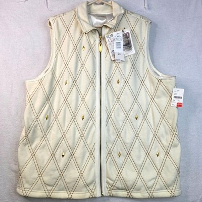 Vintage 90s Koret Quilted St. Moritz Vest XL Ivory Gold Accents Diamond Preppy