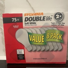 One Pack of 8: New Sylvania 75W Soft White Double Life A19 Light Bulbs